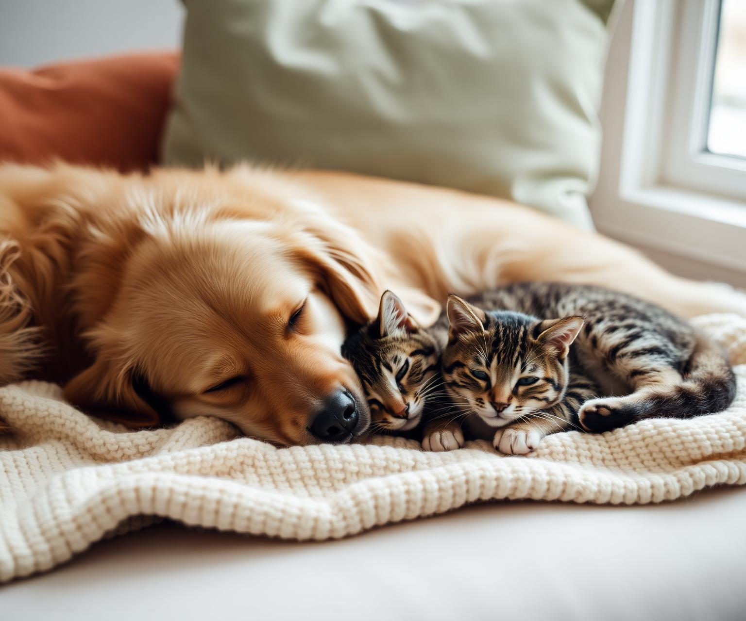 A golden retriever and a tabby cat napping together on a cream blanket